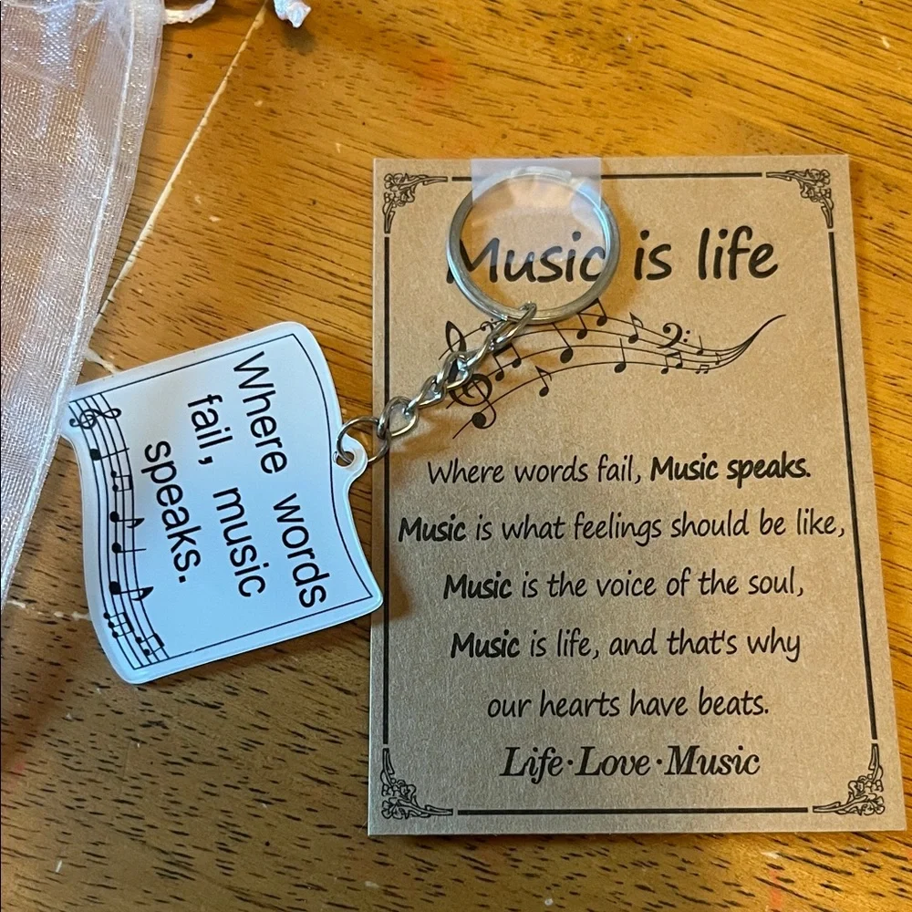 Music Is Life Quote Keychain with Organza Bag and Card